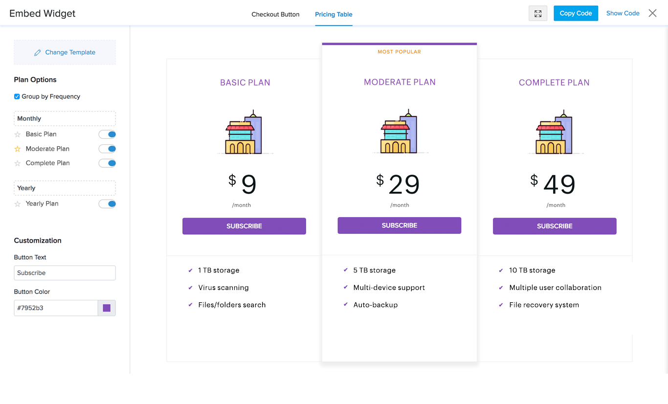 Zoho Subscriptions Pricing table
