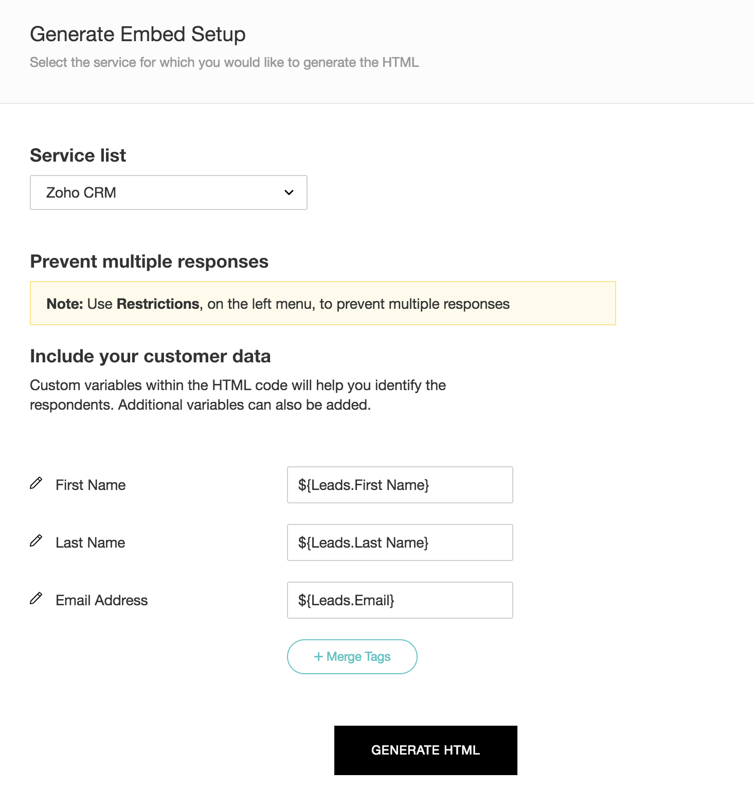 Generate HTML embed in in-mail survey