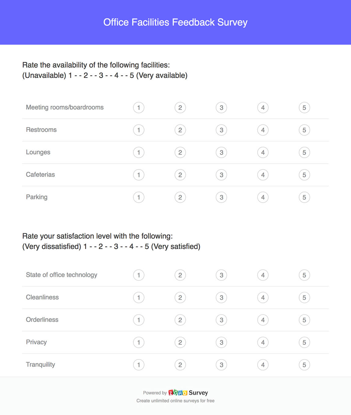 Office facilities feedback survey questionnaire template