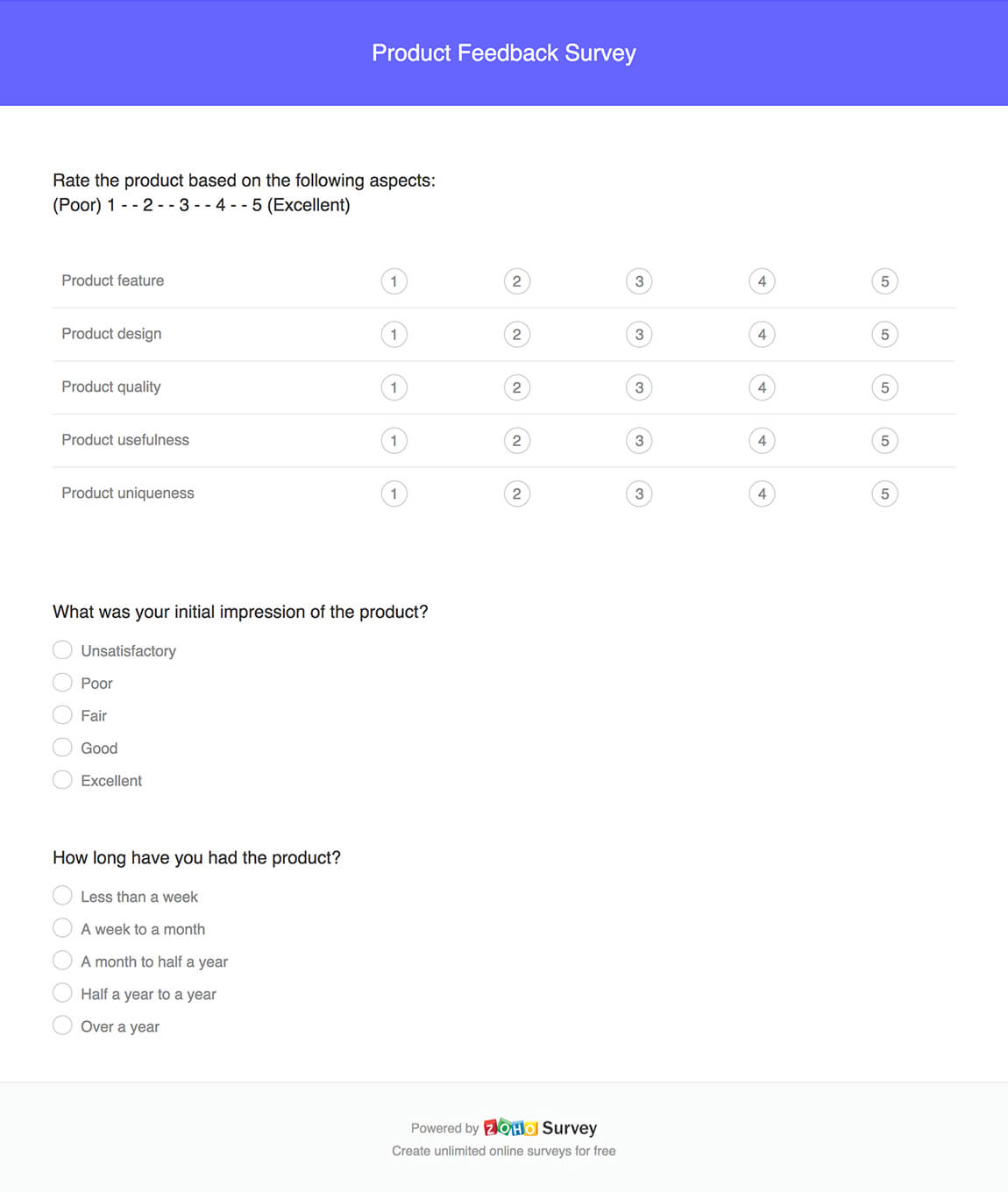 product feedback survey questionnaire template