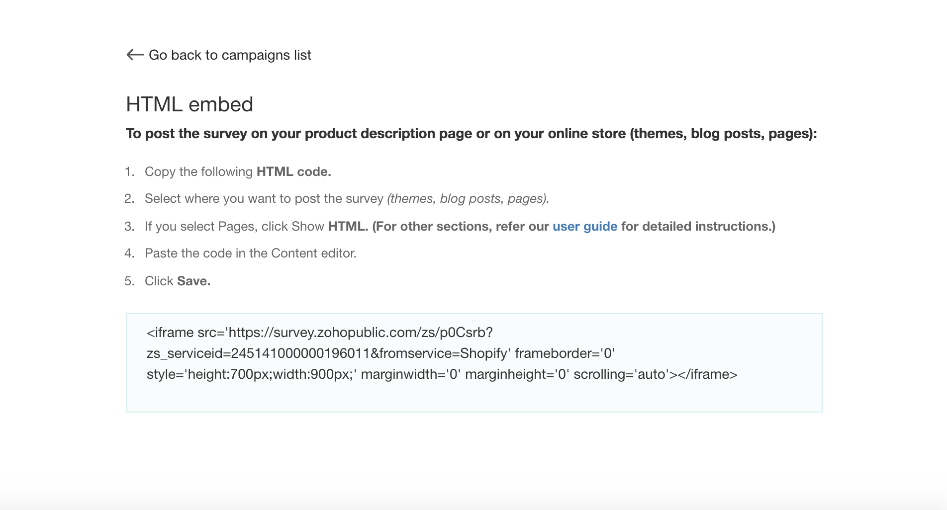 Zoho Survey Shopify embed html code