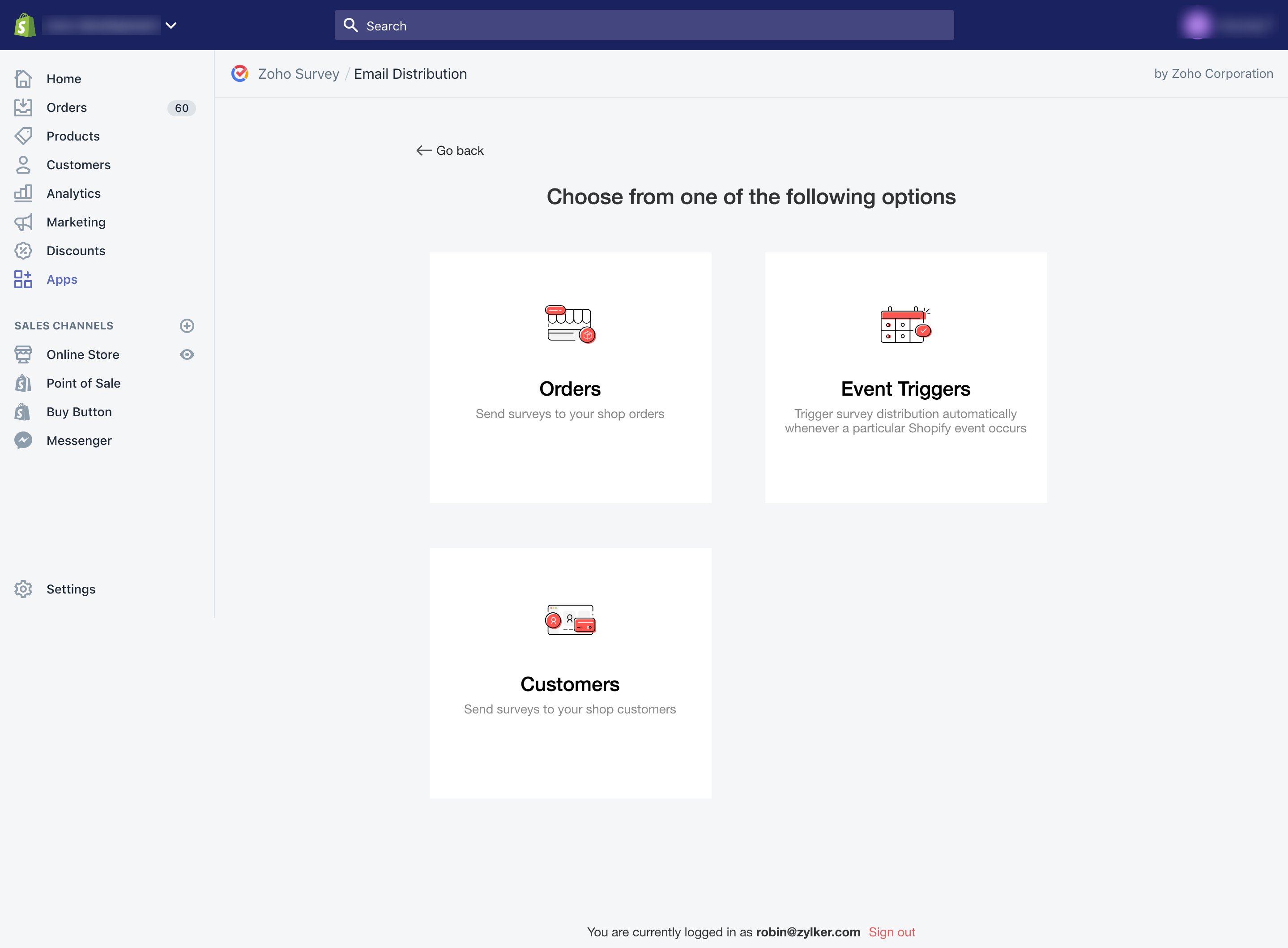 Zoho Survey Shopify Distribution options