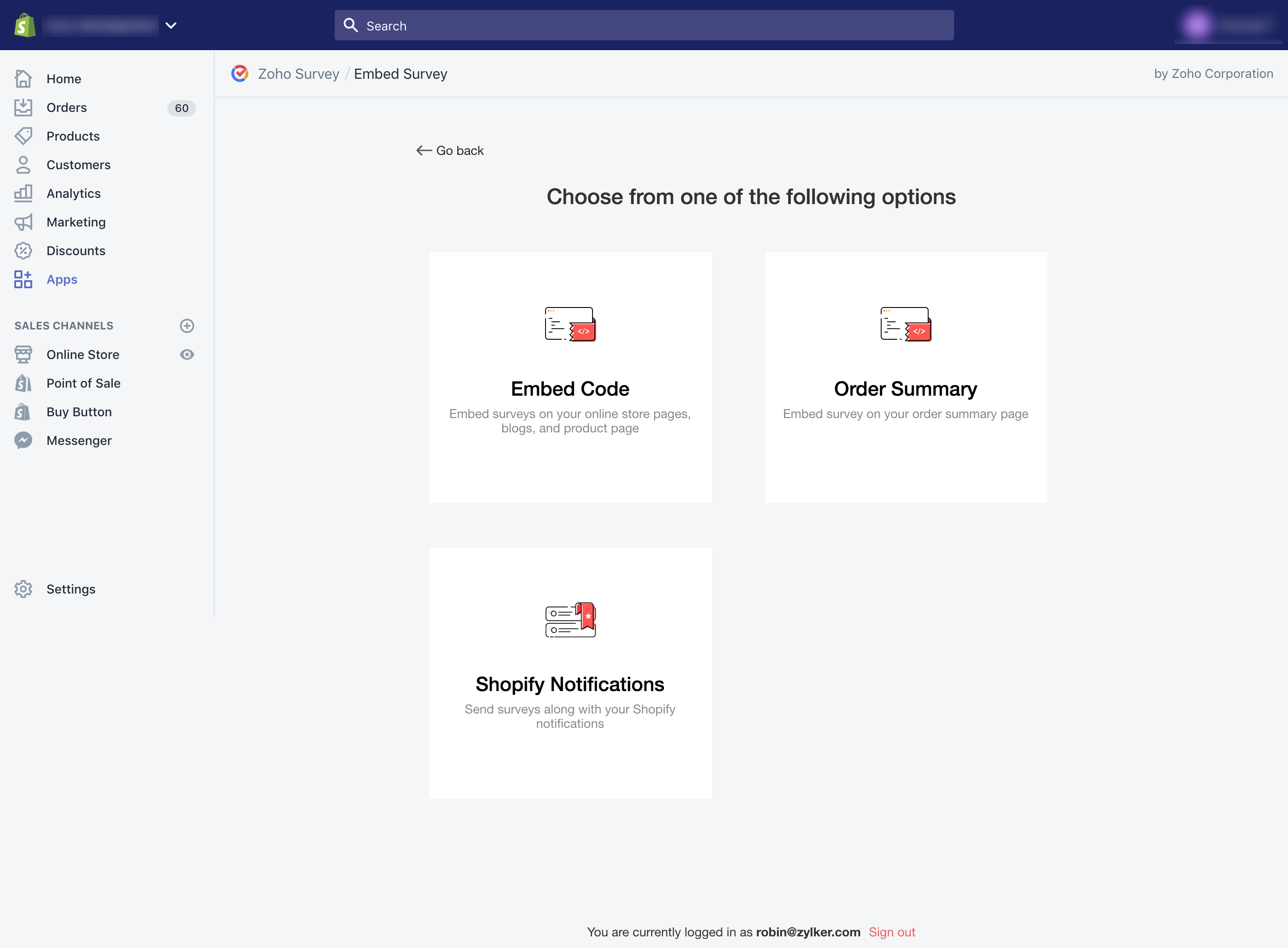 Zoho Survey Shopify embed options