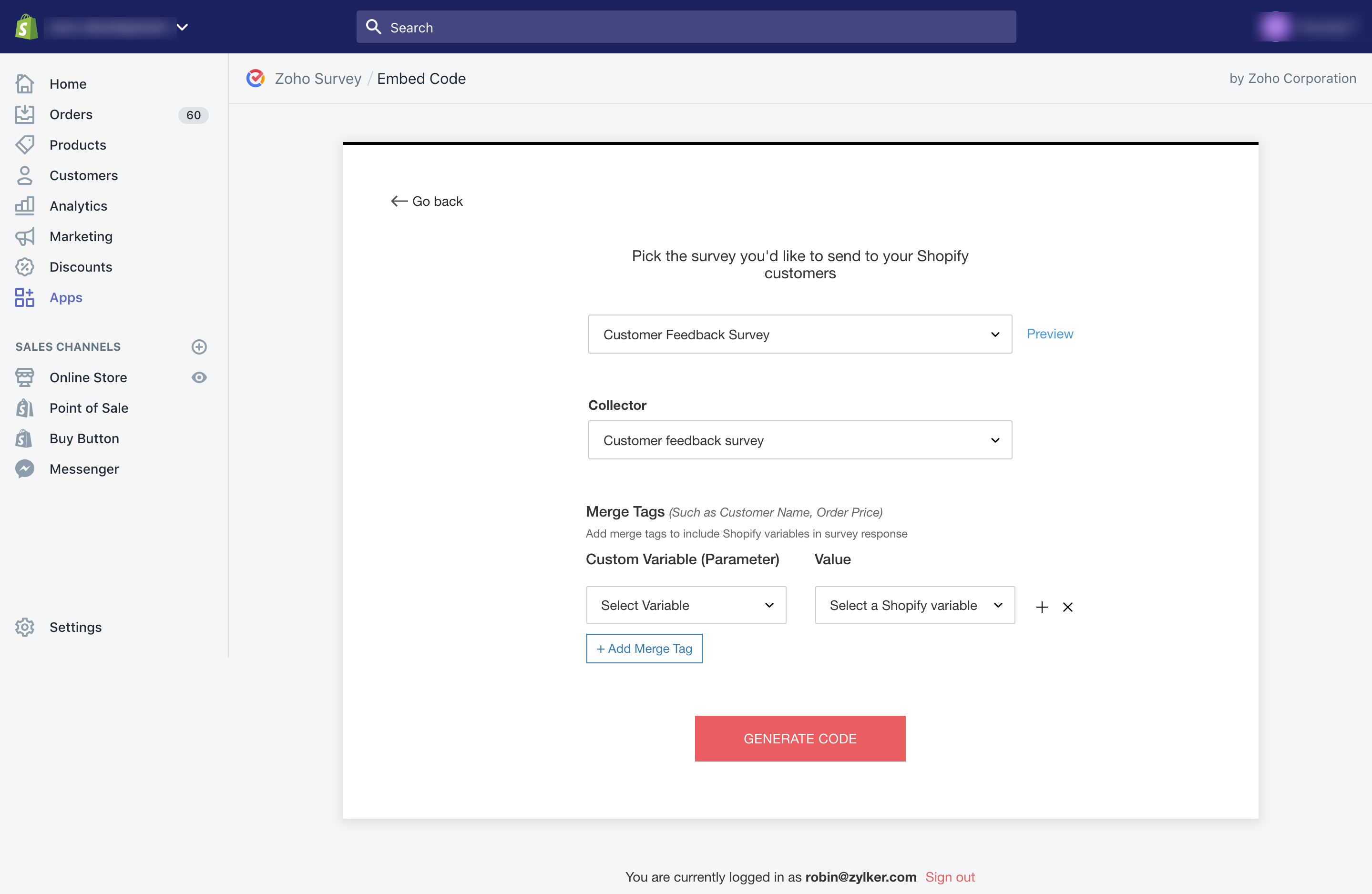 Zoho Survey Shopify embed code