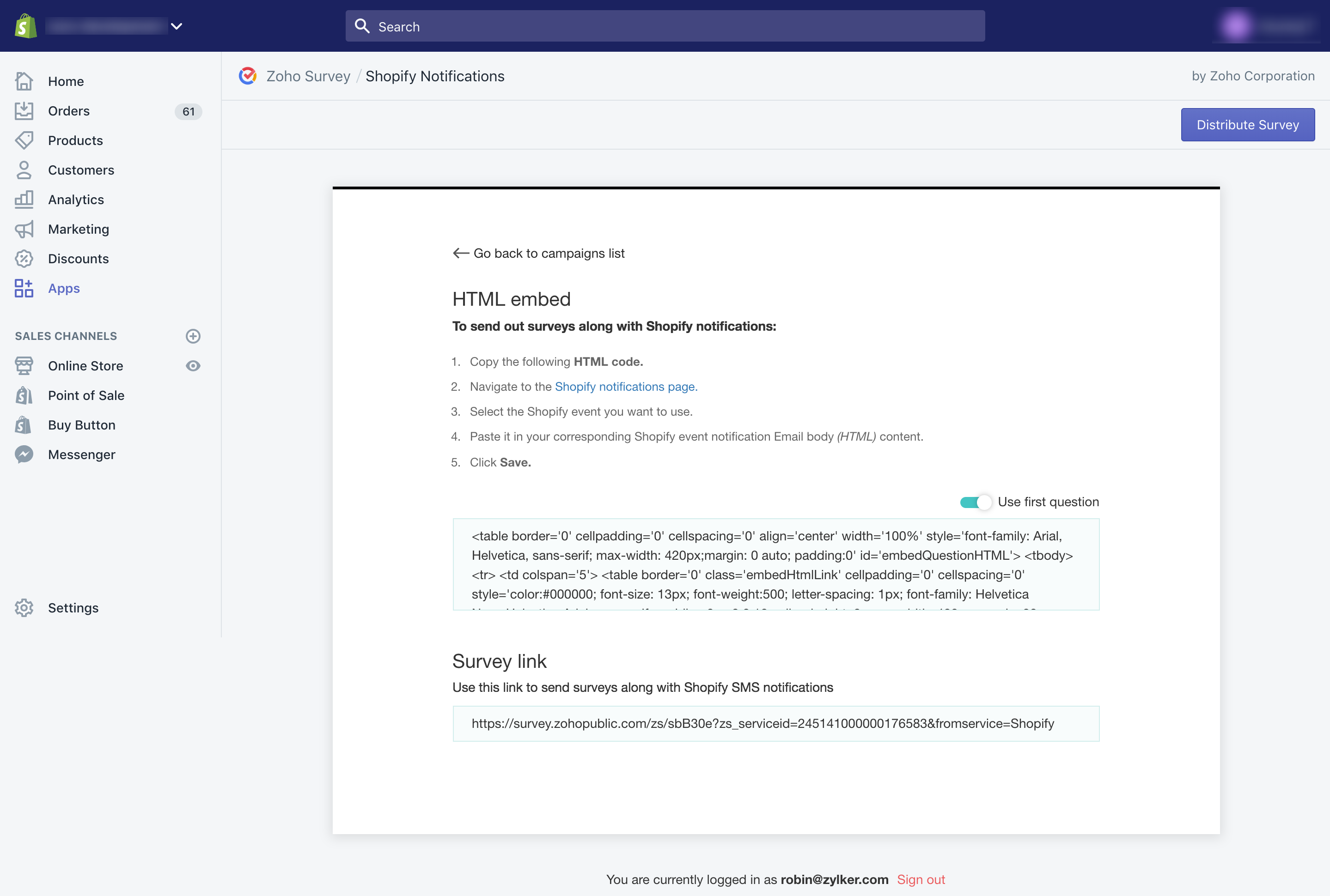 Zoho Survey Shopify embed survey in notifications