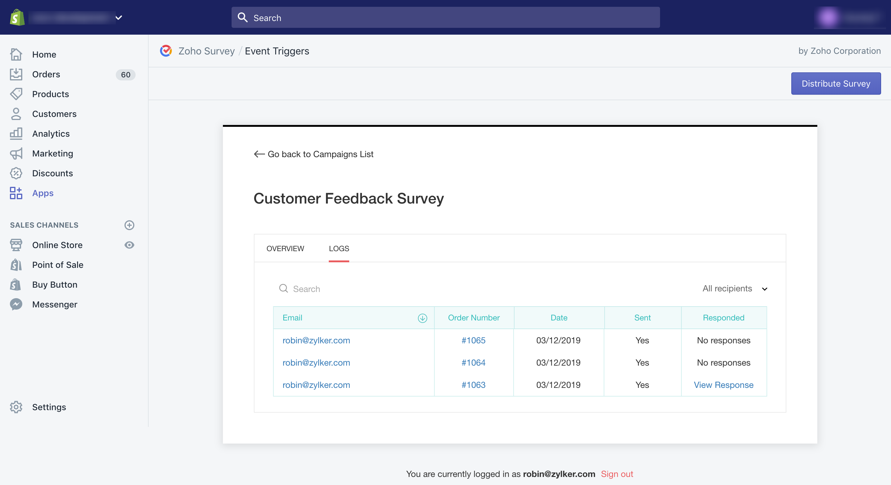 Zoho Survey Shopify event trigger logs