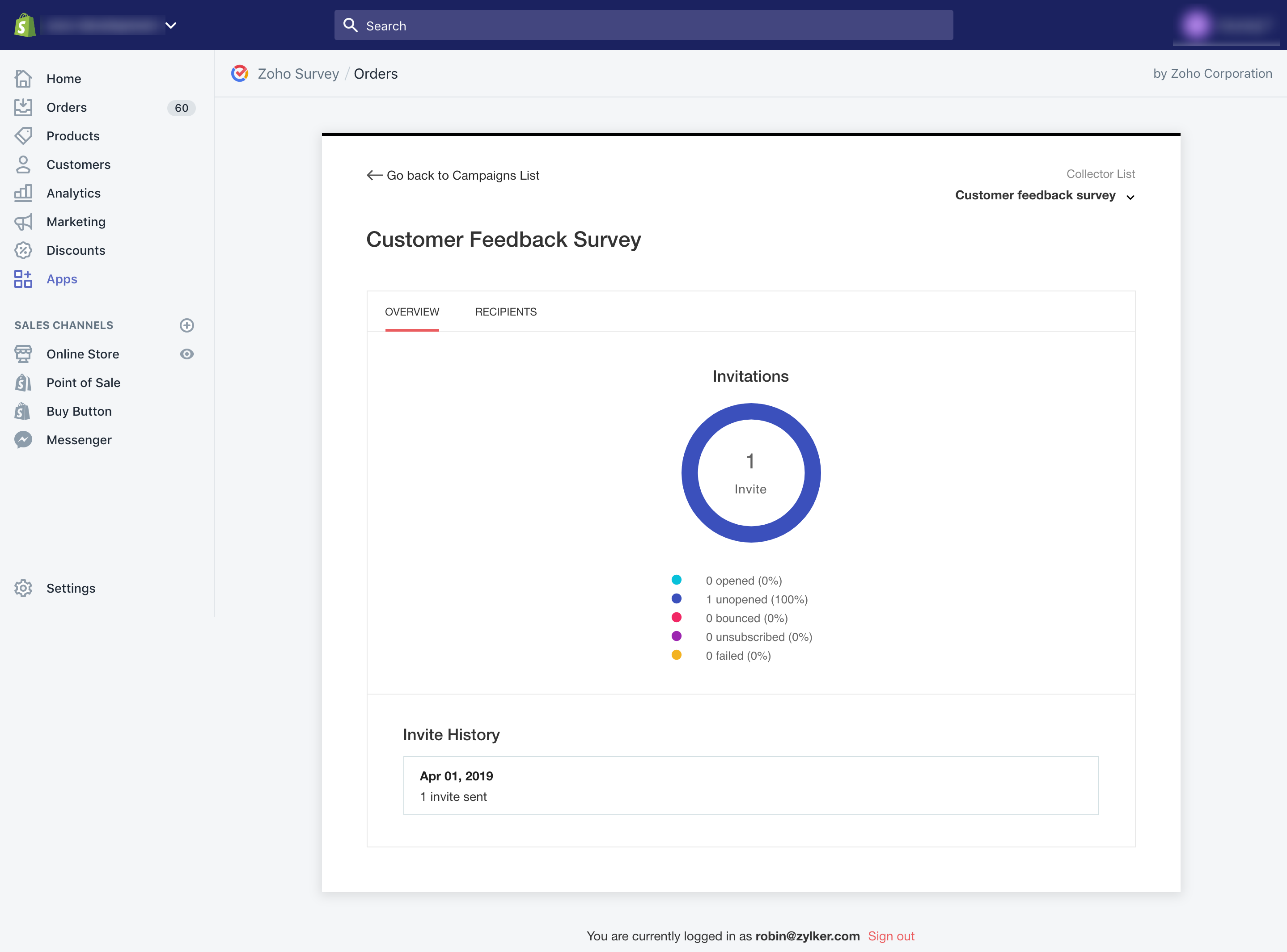 Zoho Survey Shopify order overview