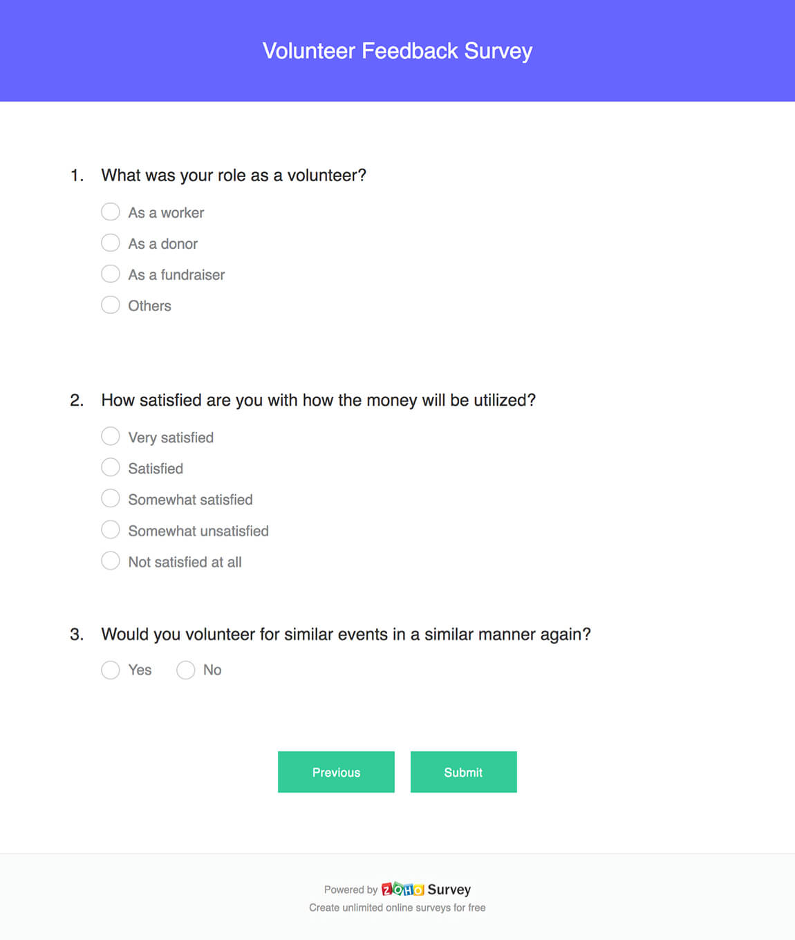 Volunteer feedback survey questionnaire template