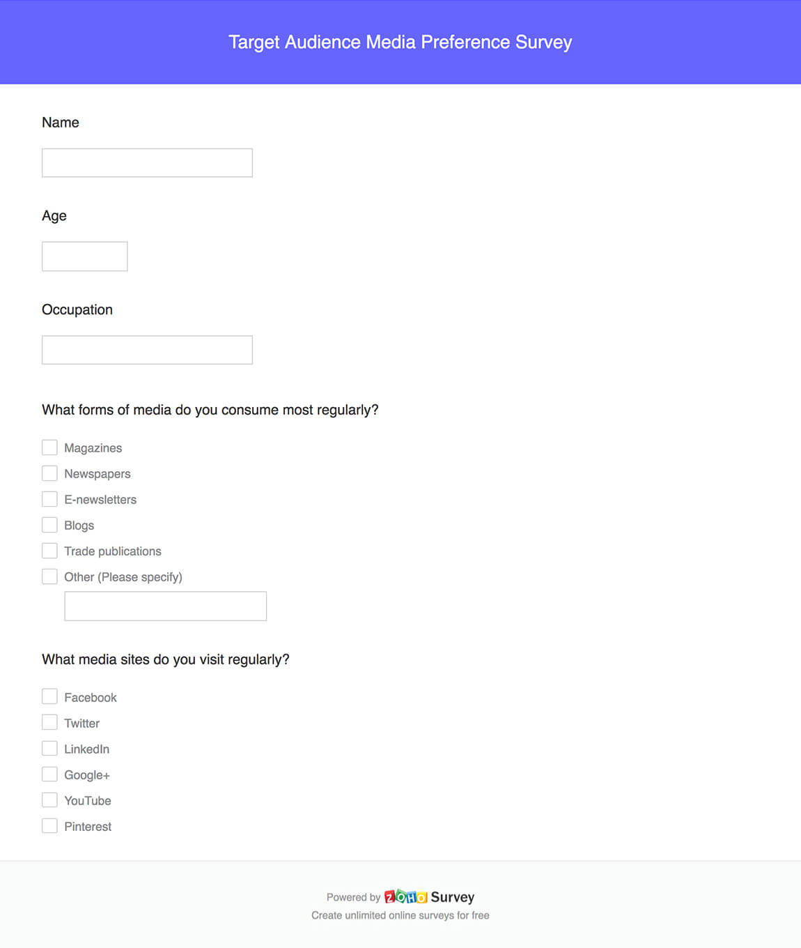 Target Audience Media Preference Survey Questionnaire & Template Zoho