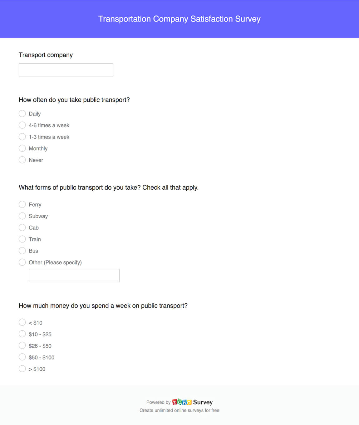 Transportation company satisfaction survey questionnaire template