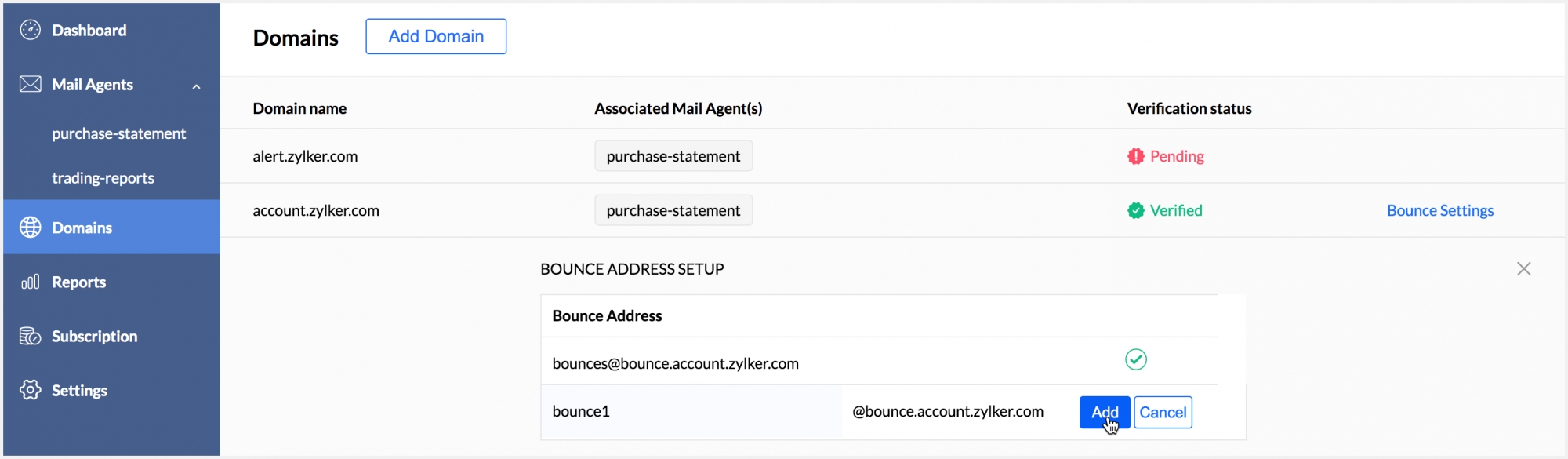 Create Bounce Address within the Domains tab