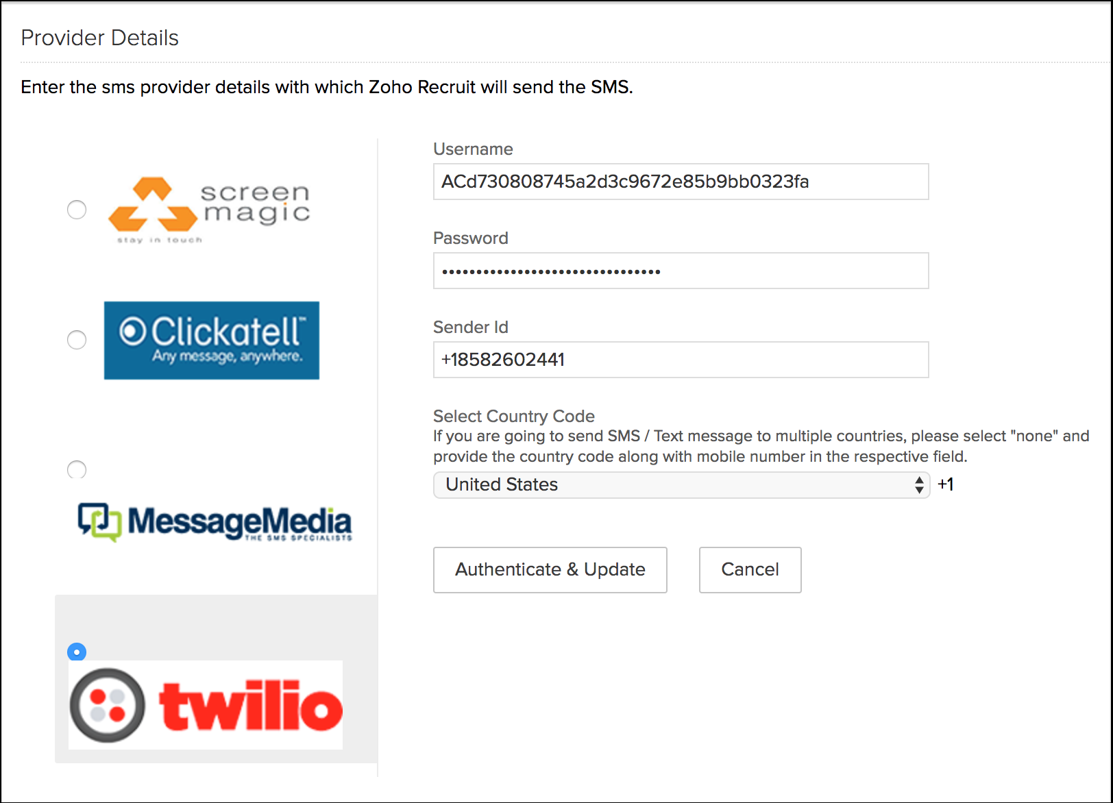 Configure SMS Gateway Online Help Zoho Recruit