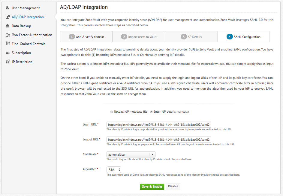 Azure AD Single SignOn Zoho Vault