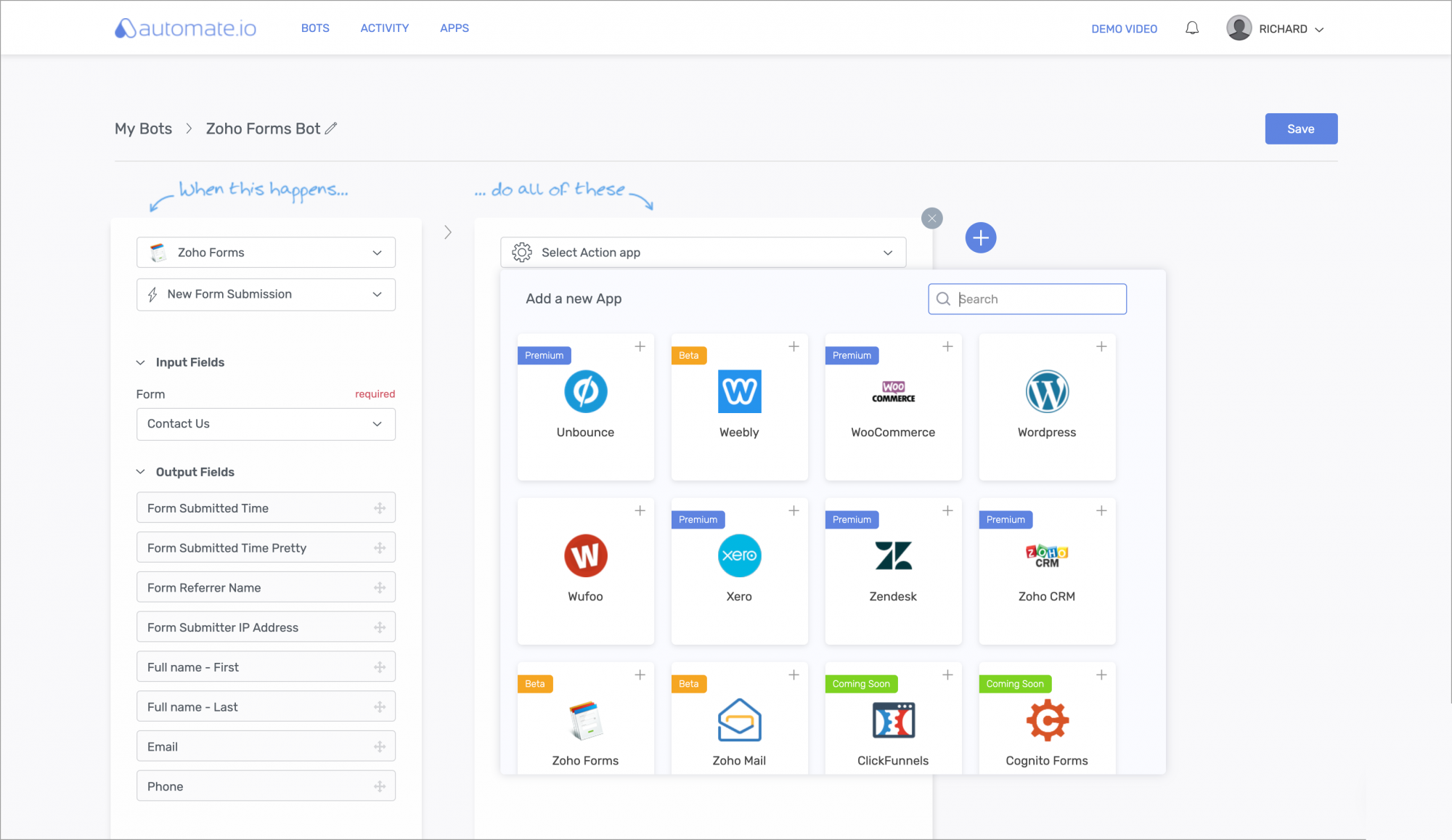 Creating a new bot with Zoho Forms on Automate.io