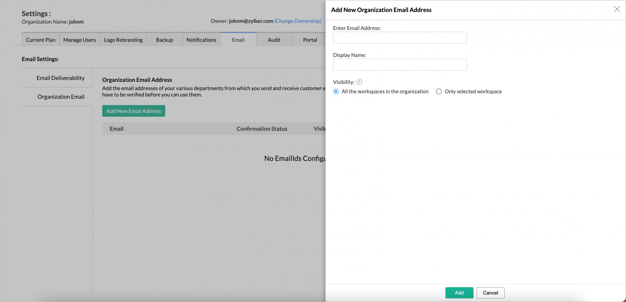 adicionar org mail diálogo