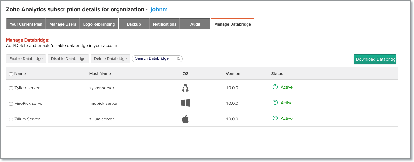 Screenshot van Zoho Databridge software.