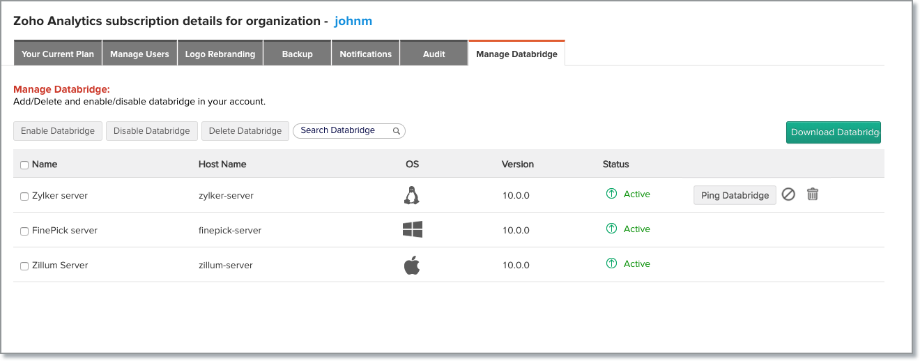 Screenshot van Zoho Analytics Server software.