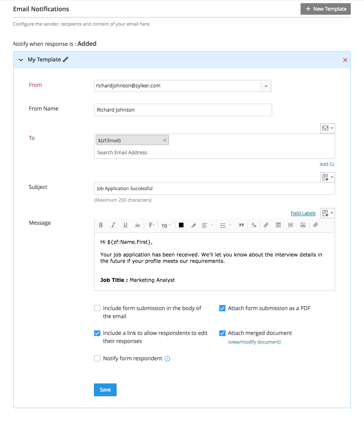 email notifications zoho forms user guide template form
