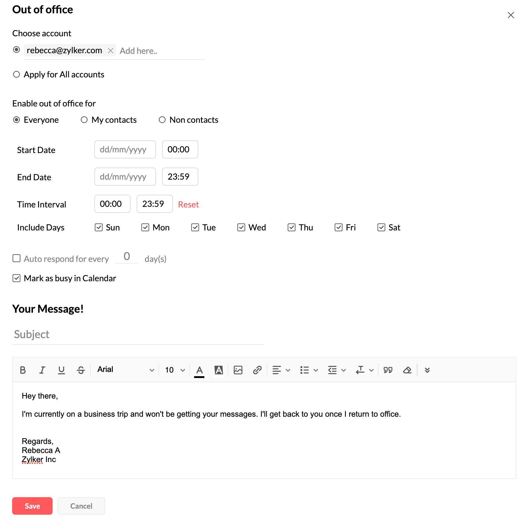 Out Of Office Message Configuration Zoho Mail