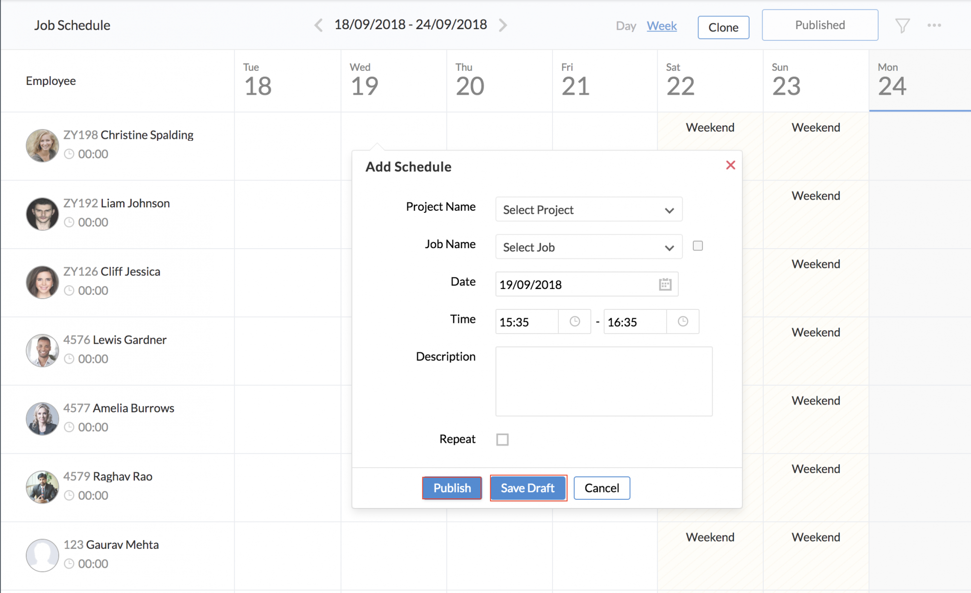 Job Schedule in Timesheet Zoho People
