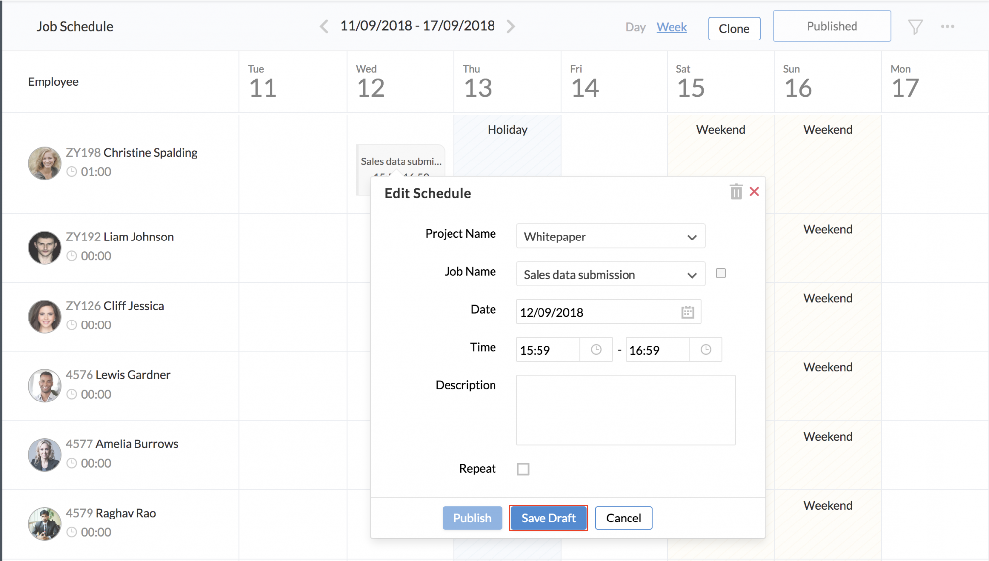 Job Schedule in Timesheet Zoho People