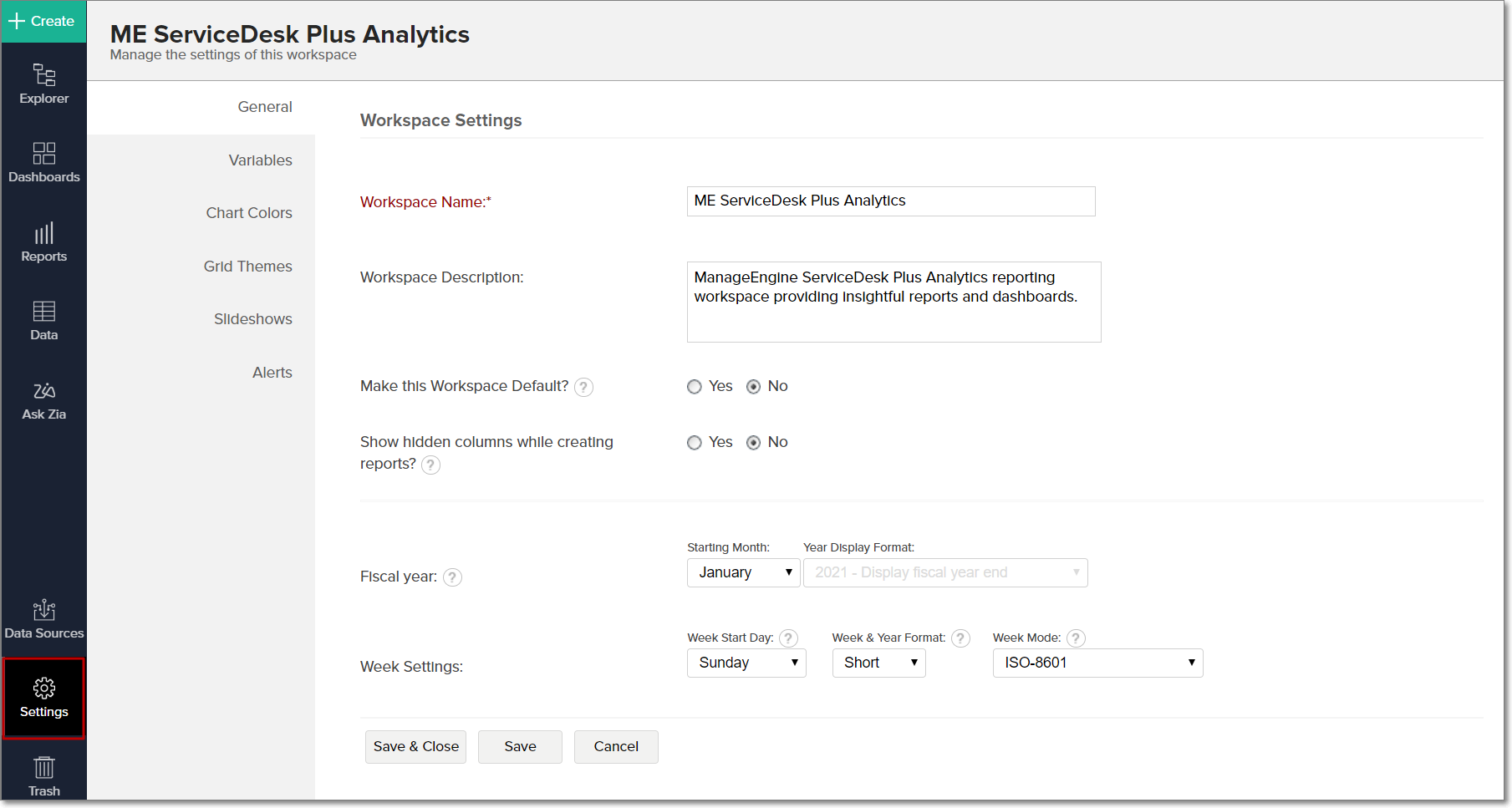 Workspace Settings Zoho Analytics OnPremise