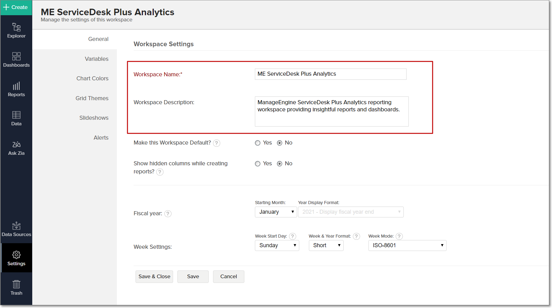 Workspace Settings Zoho Analytics OnPremise
