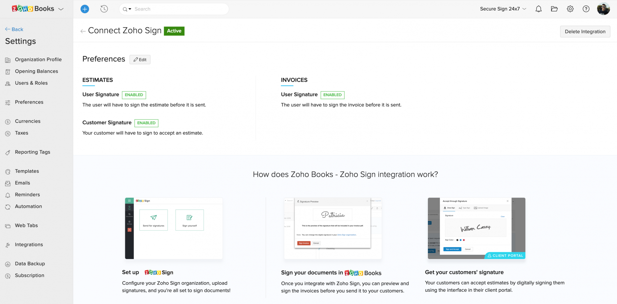 Zoho Sign integration for Zoho Books