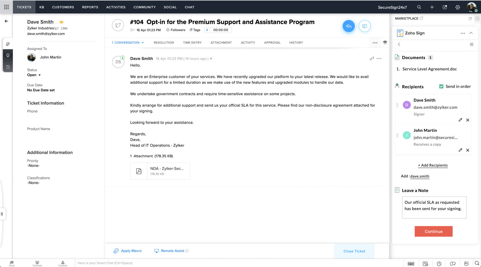 Zoho Sign integration for Zoho Desk ESign in Help desk and customer