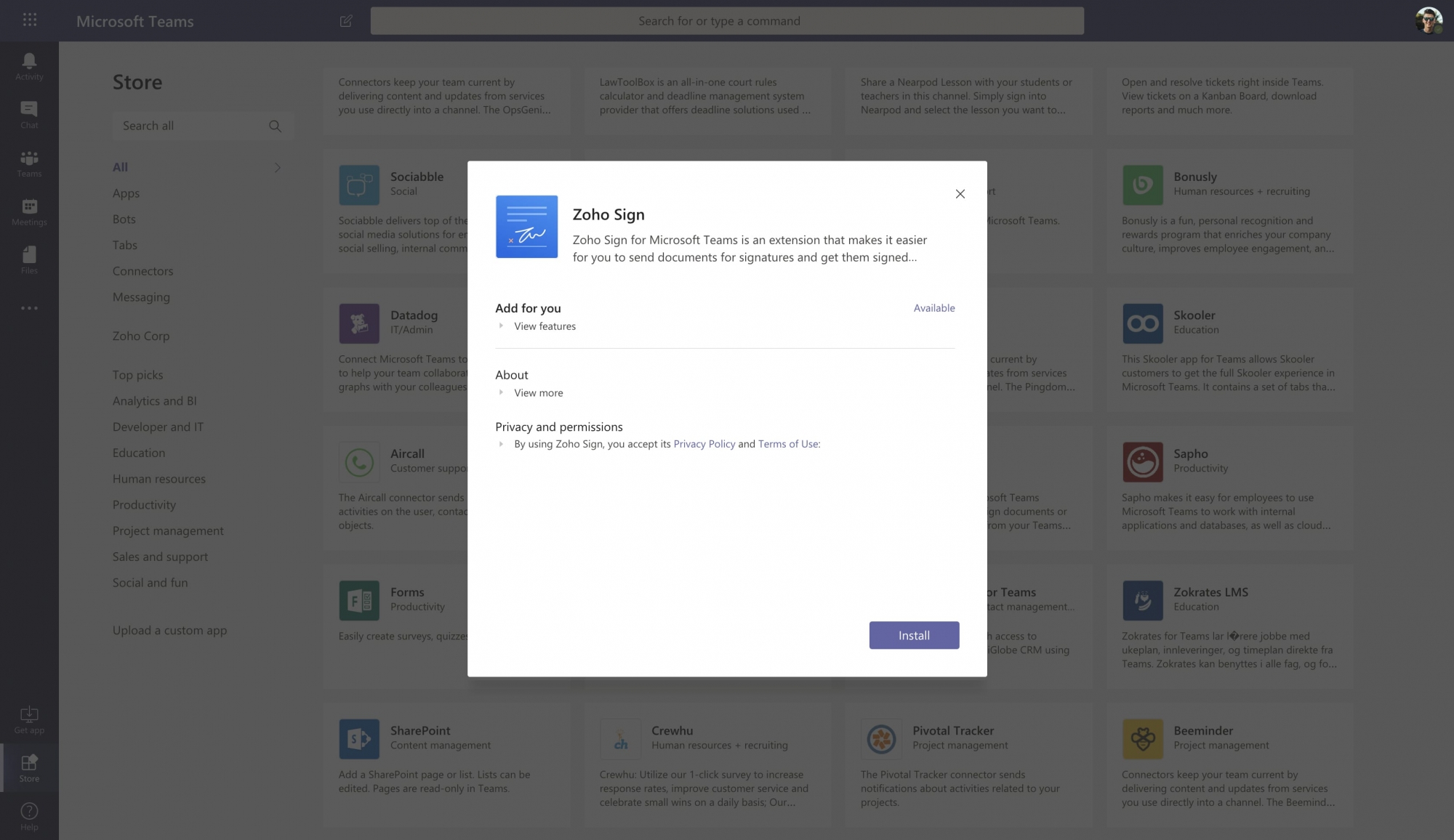 Zoho Sign extension for Microsoft Teams