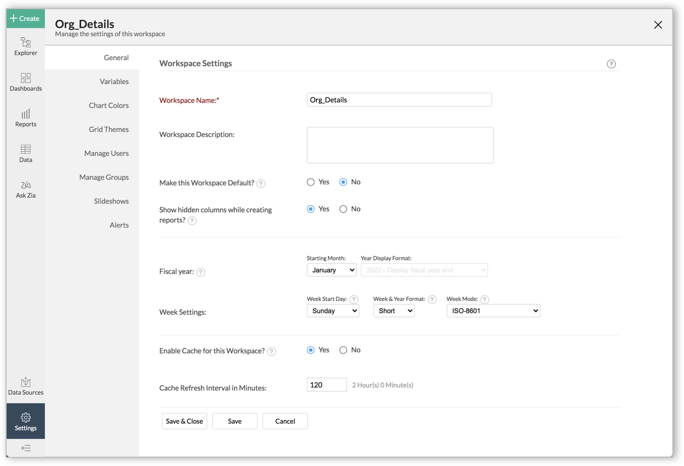 In the General Workspace Settings page that opens, choose Yes for Enable Cachefor this Workspace