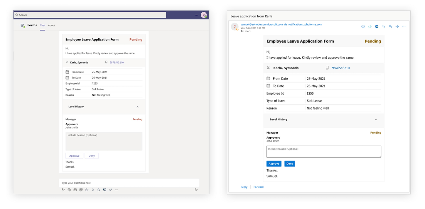Approval notifications to Microsoft Teams channel with cards to approve or deny the request 