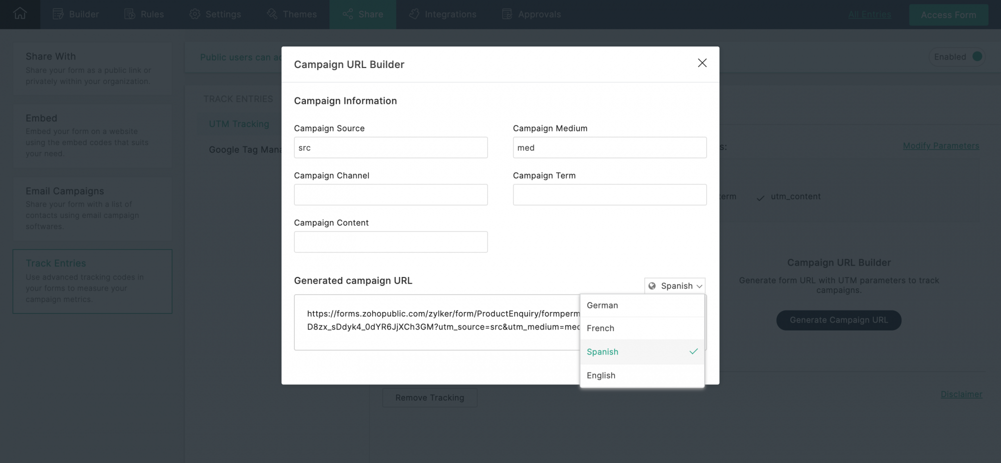 Generate form URL with UTM parameters translated language 