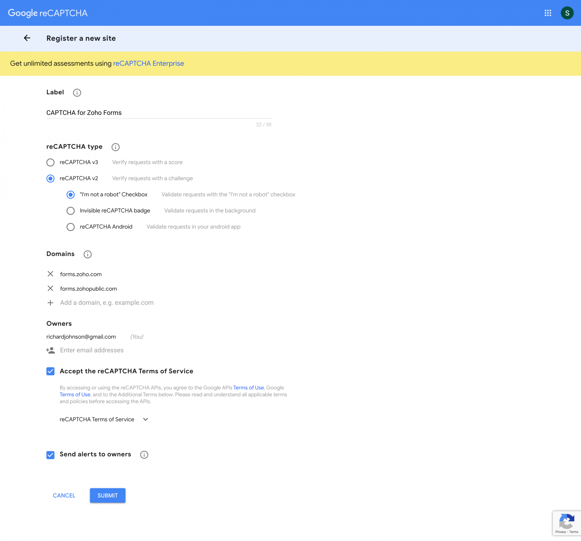 Obtain Google  reCAPTCHA API keys