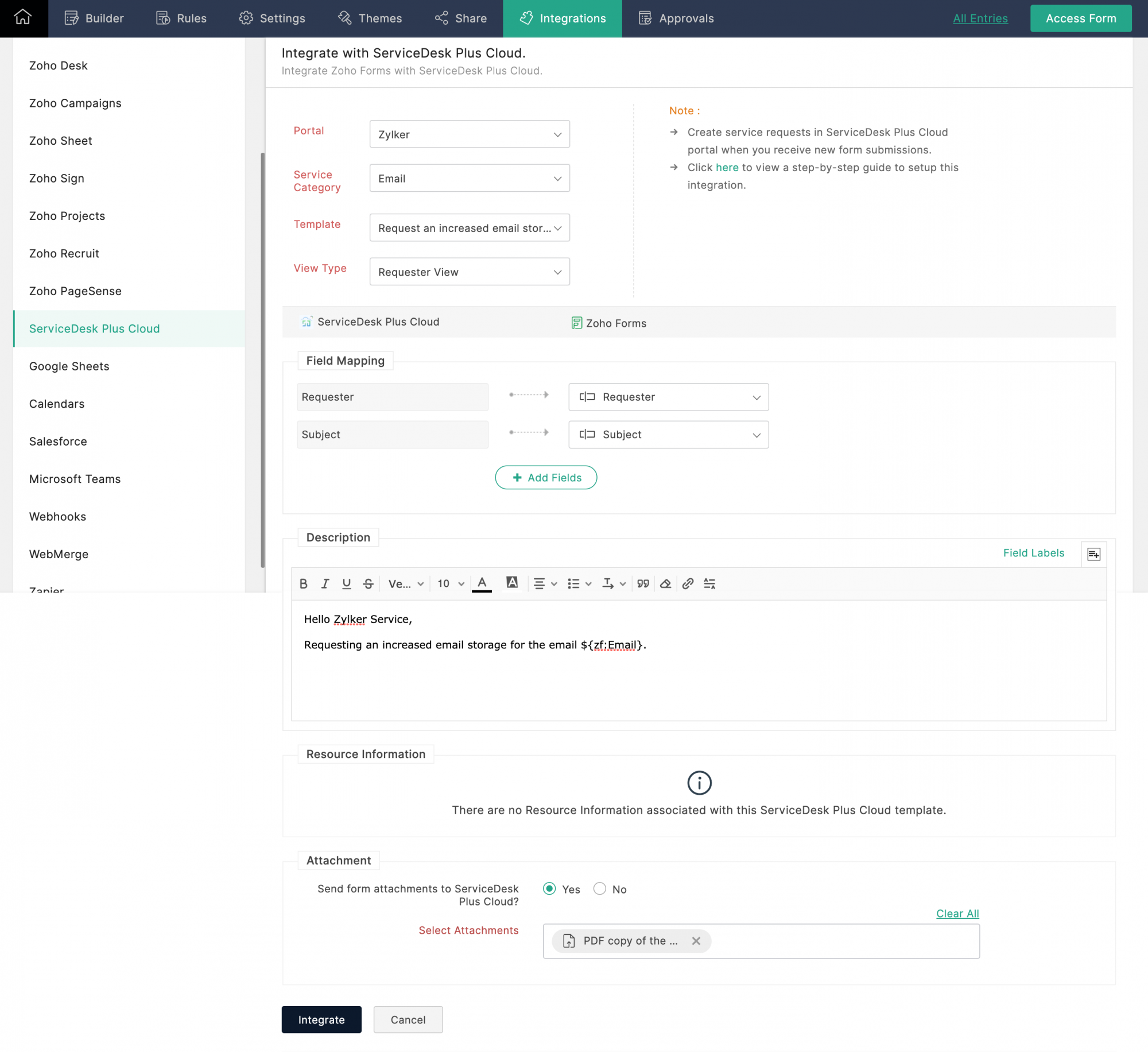 ServiceDesk Plus Cloud Integration setup