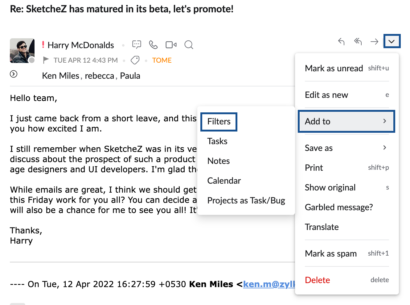 Email filters emails into folders using conditions