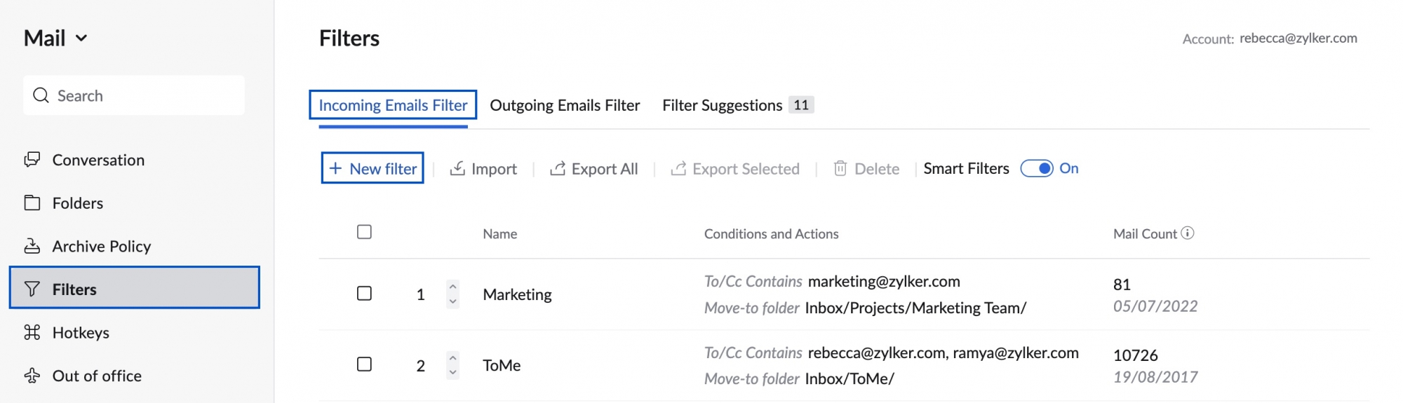 Filters for mail in your Zoho mailbox