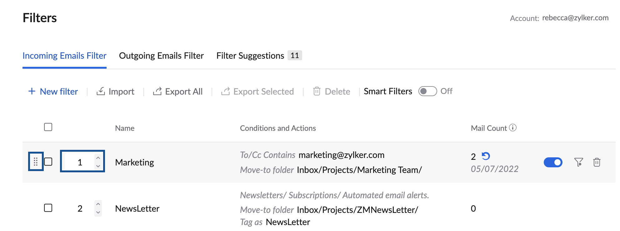 Email filters emails into folders using conditions