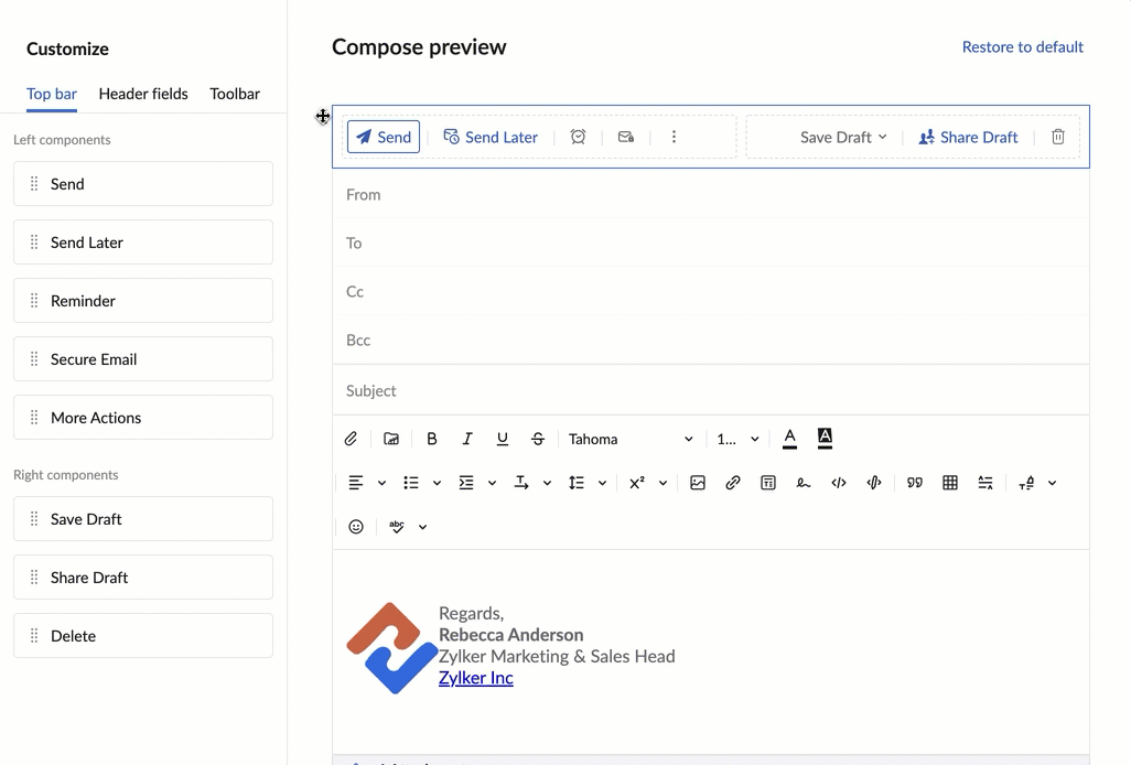 Compose Customization Zoho Mail