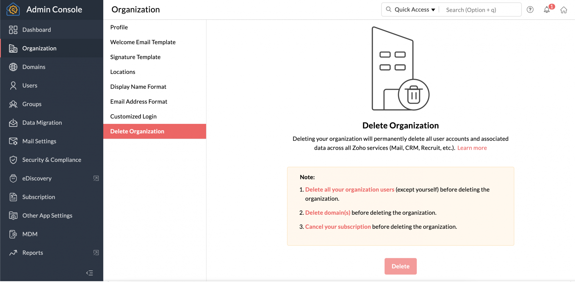 delete organization