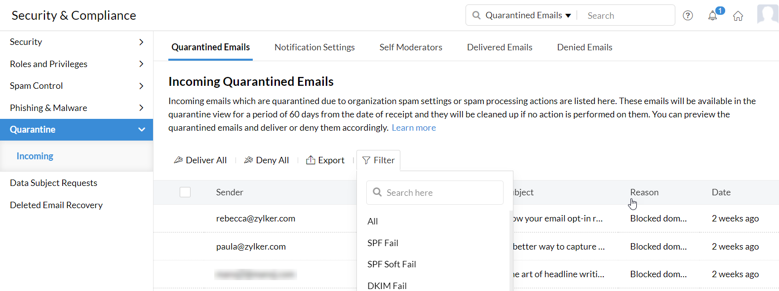 filter quarantined emails