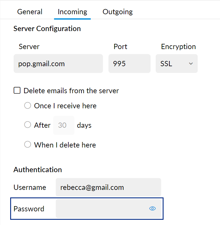 POP incoming server password