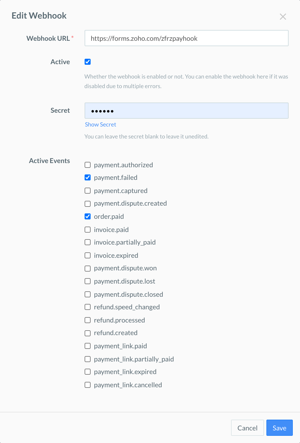 Configuring webhook in RazorPay Settings 