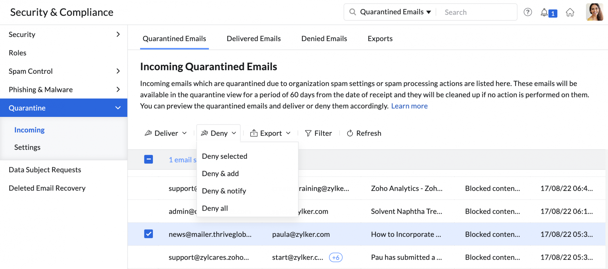 Spam Quarantine Zoho Mail