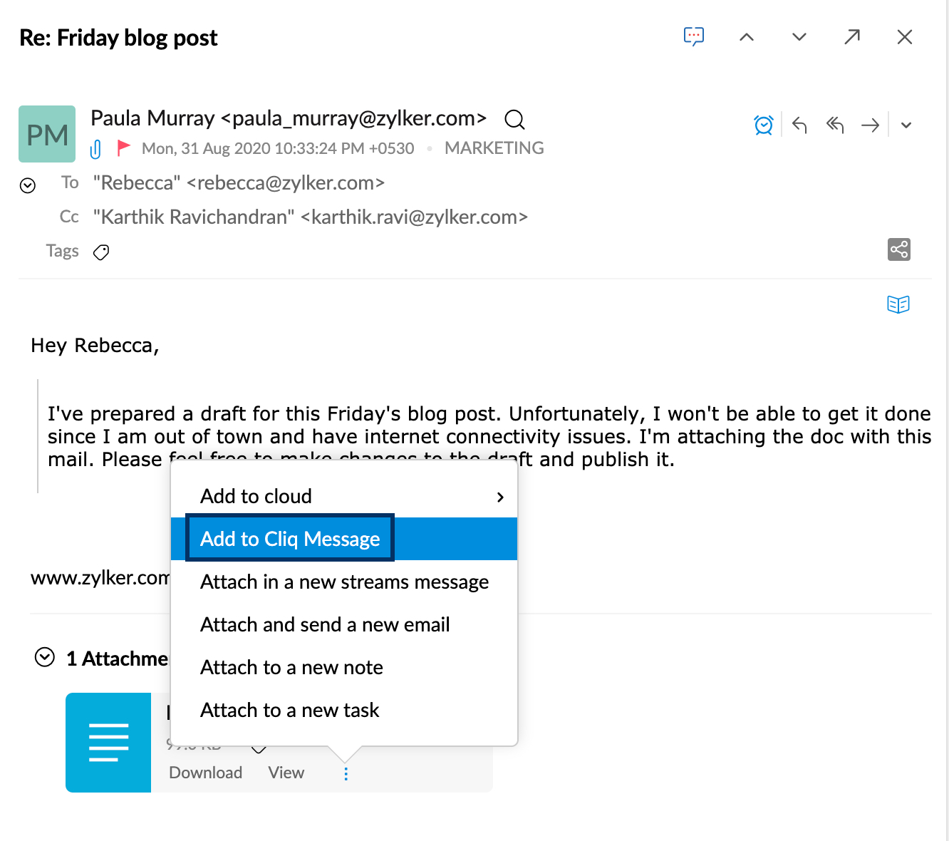Zoho Cliq Integration with Zoho Mail