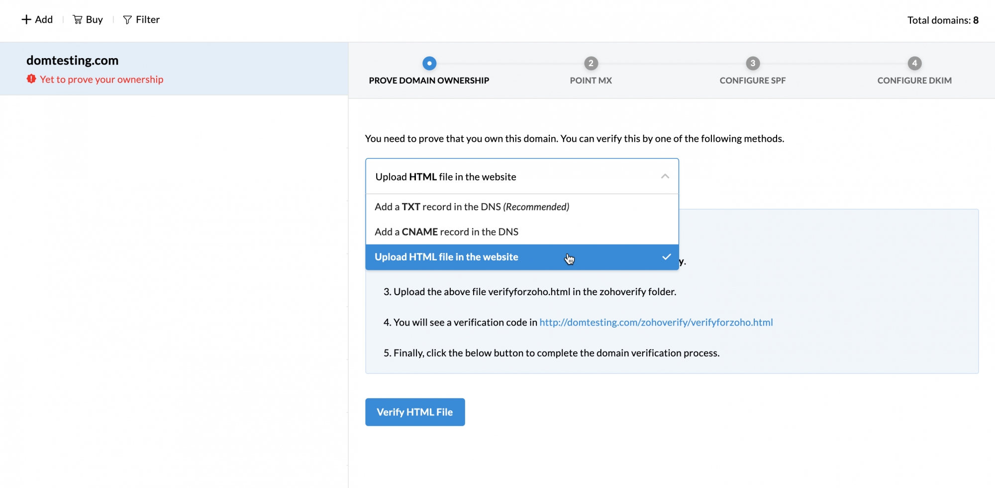 Domain Verification - Email Hosting with Zoho