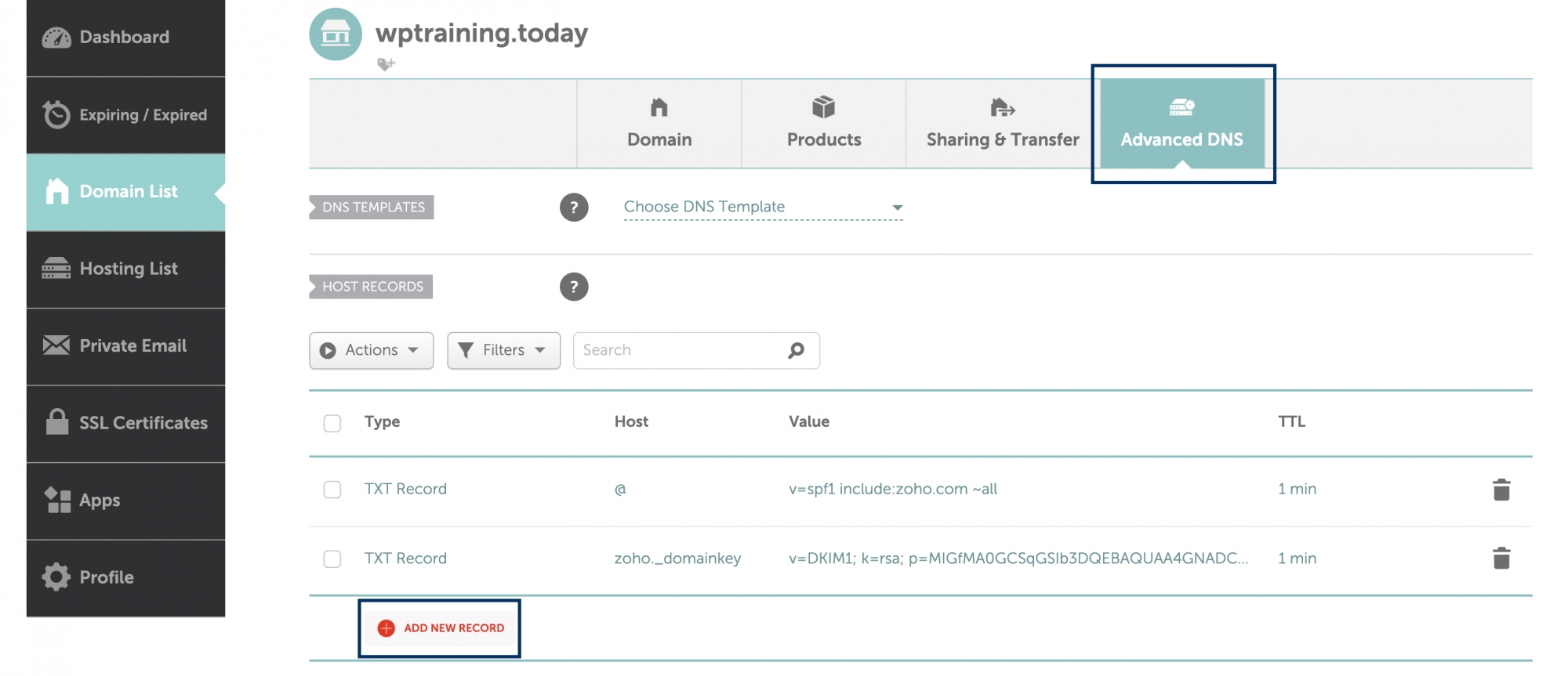 Namecheap DNS CNAME, MX for Zoho Mail