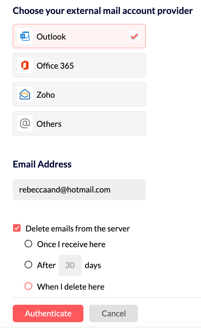 Auswahl des externen E-Mail-Kontoanbieters