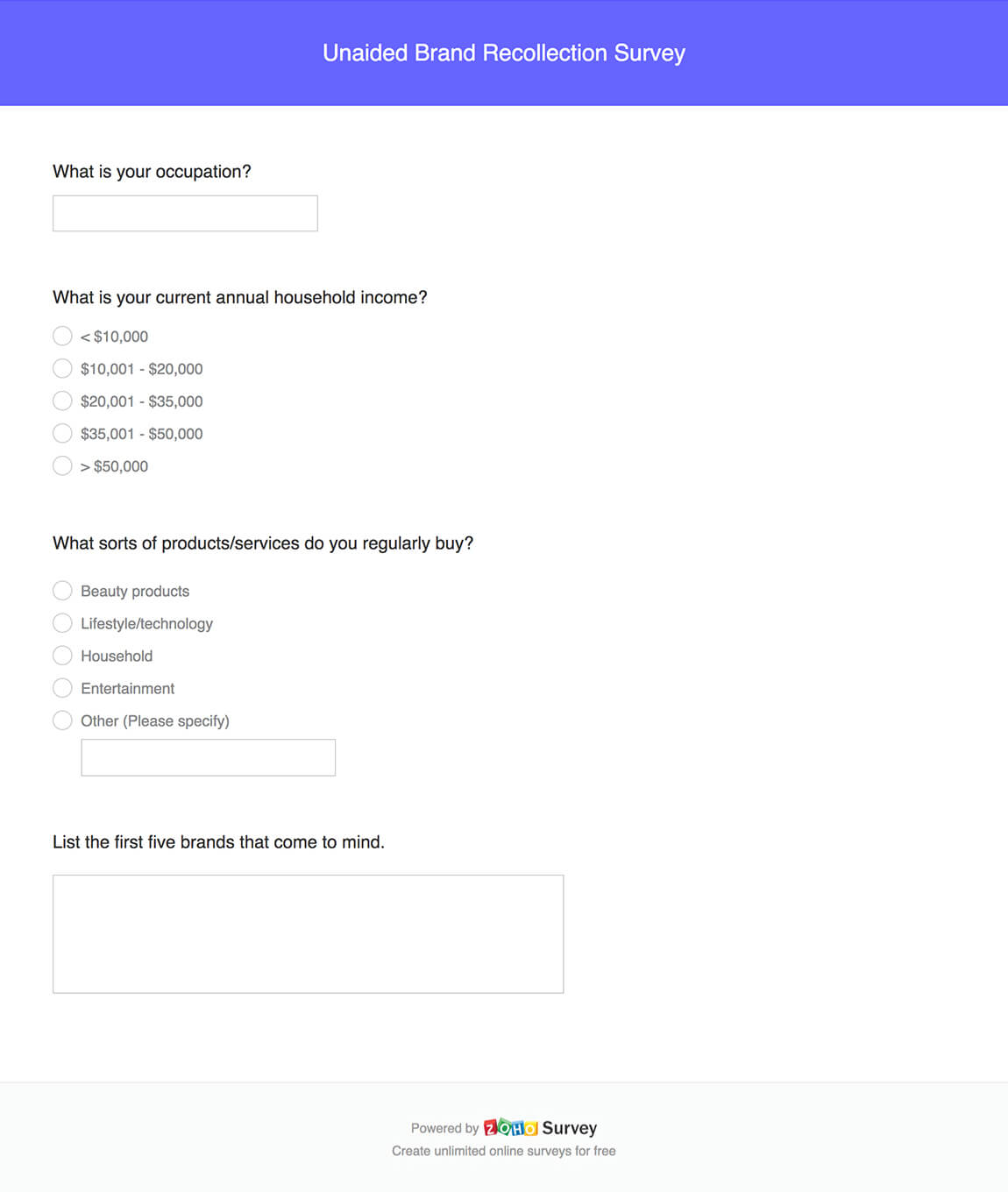 Unaided brand recollection survey questionnaire template