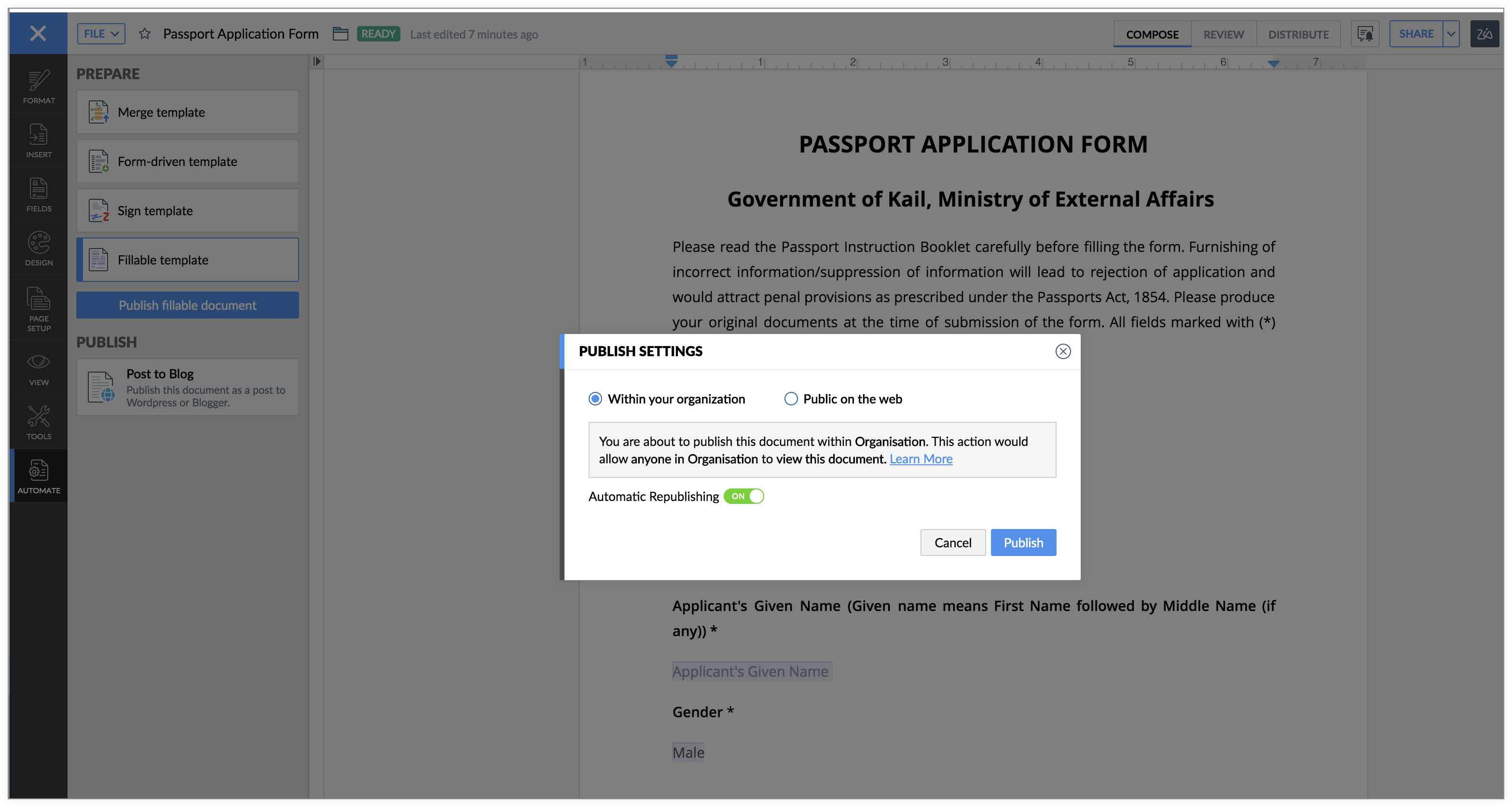 How to publish document as a fillable form and enable submit form actions 